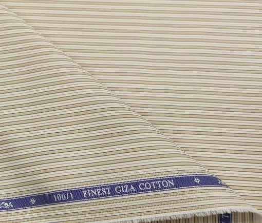 Soktas Men's Giza Cotton Striped  Unstitched Shirting Fabric (Milky White & Brown)