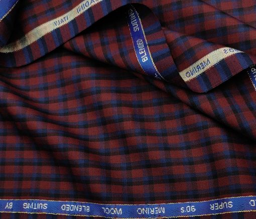 Cadini Men's Wool Checks Super 90's Unstitched Suiting Fabric (Red & Blue)