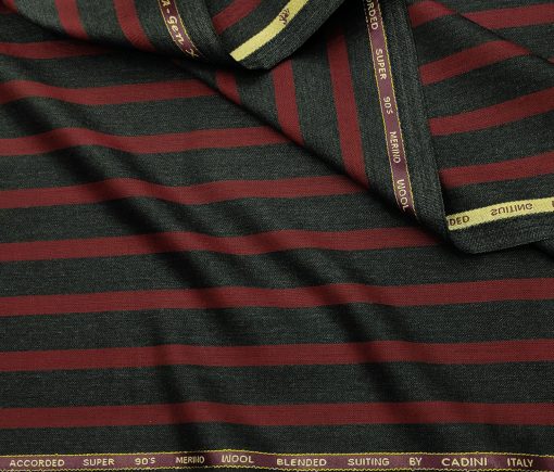 Cadini Men's Wool Striped Super 90's Unstitched Suiting Fabric (Dark Grey & Red)