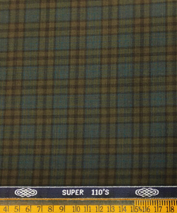 Spada Men's Wool Checks Super 110's Unstitched Suiting Fabric (Brown & Sea Green)