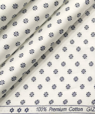 Exquisite Men's Cotton Printed 2.25 Meter Unstitched Shirting Fabric (White & Blue)