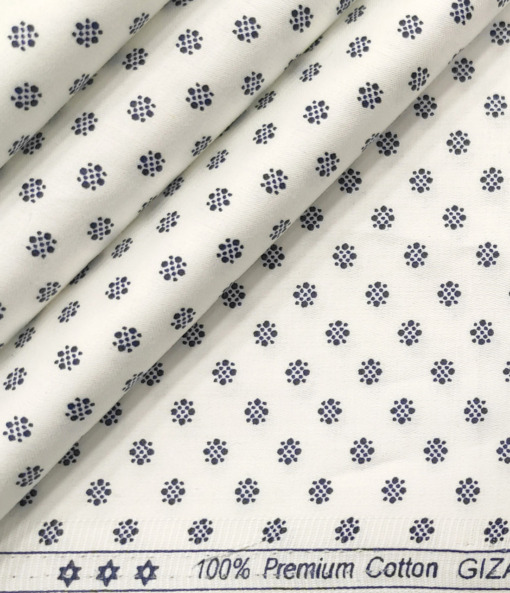 Exquisite Men's Cotton Printed 2.25 Meter Unstitched Shirting Fabric (White & Blue)