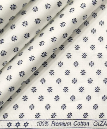 Exquisite Men's Cotton Printed 2.25 Meter Unstitched Shirting Fabric (White & Blue)