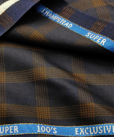 J.Hampstead Men's Wool Checks Super 100's 1.30 Meter Unstitched Suiting Fabric (Dark Blue)