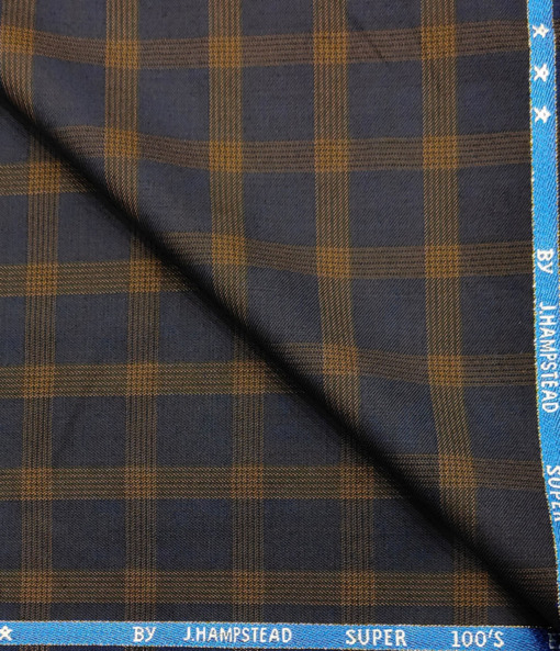 J.Hampstead Men's Wool Checks Super 100's 1.30 Meter Unstitched Suiting Fabric (Dark Blue)