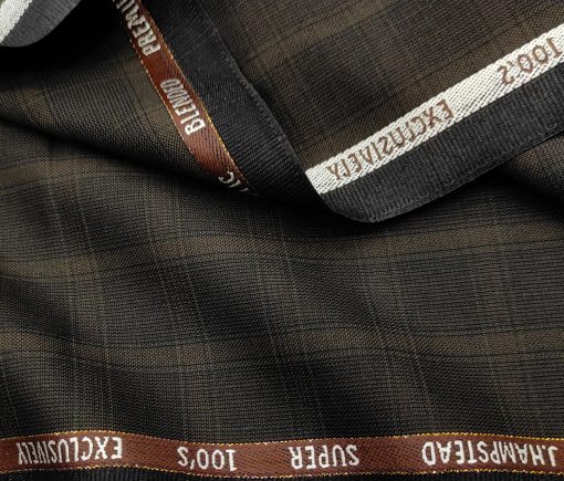 J.Hampstead Men's Wool Checks Super 100's 2 Meter Unstitched Suiting Fabric (Dark Brown)