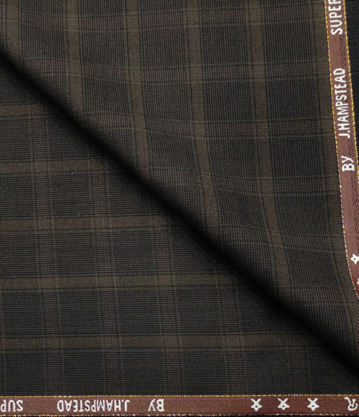 J.Hampstead Men's Wool Checks Super 100's 2 Meter Unstitched Suiting Fabric (Dark Brown)