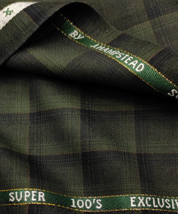 J.Hampstead Men's Wool Checks Super 100's 1.30 Meter Unstitched Suiting Fabric (Green)