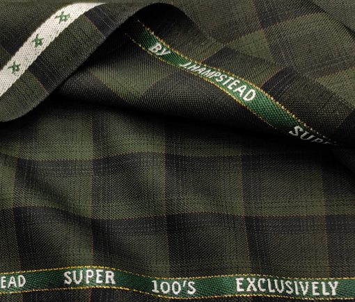 J.Hampstead Men's Wool Checks Super 100's 1.30 Meter Unstitched Suiting Fabric (Green)