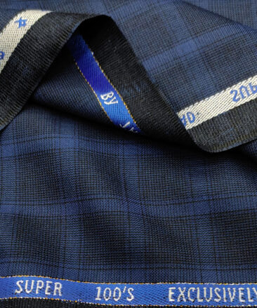 J.Hampstead Men's Wool Checks Super 100's 3.75 Meter Unstitched Suiting Fabric (Royal Blue)