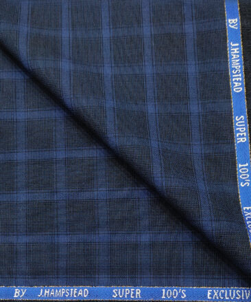 J.Hampstead Men's Wool Checks Super 100's 3.75 Meter Unstitched Suiting Fabric (Royal Blue)