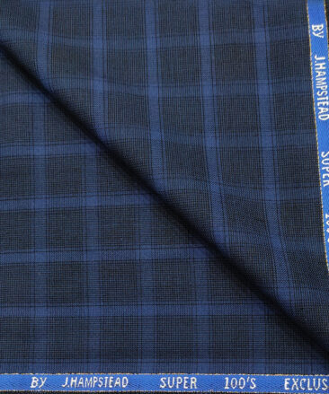 J.Hampstead Men's Wool Checks Super 100's 3.75 Meter Unstitched Suiting Fabric (Royal Blue)