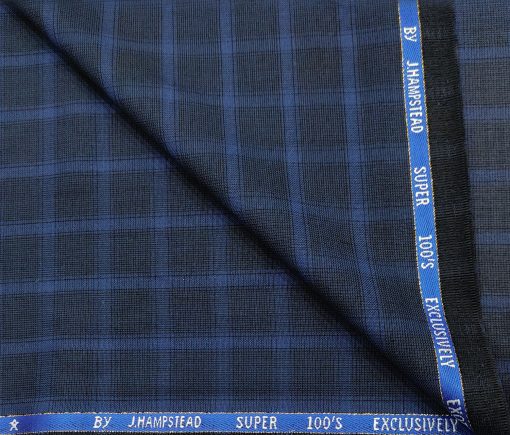 J.Hampstead Men's Wool Checks Super 100's 3.75 Meter Unstitched Suiting Fabric (Royal Blue)