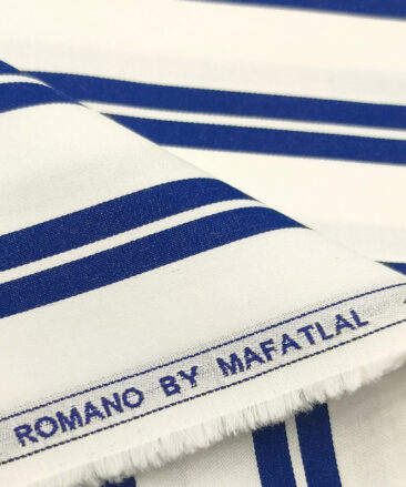 Mafatlal Men's Giza Cotton Striped 2 Meter Unstitched Shirting Fabric (White & Royal Blue)