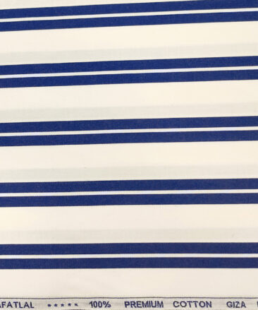 Mafatlal Men's Giza Cotton Striped 2 Meter Unstitched Shirting Fabric (White & Royal Blue)