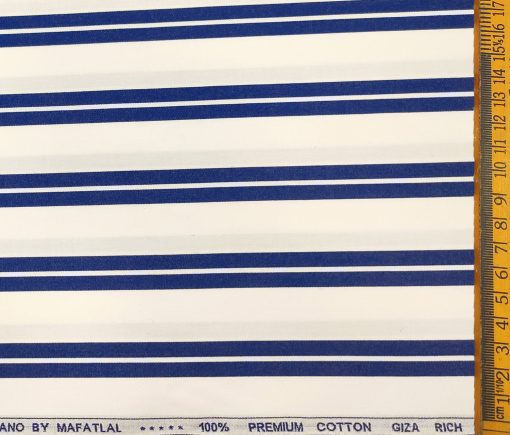 Mafatlal Men's Giza Cotton Striped 2 Meter Unstitched Shirting Fabric (White & Royal Blue)