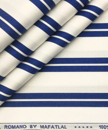 Mafatlal Men's Giza Cotton Striped 2 Meter Unstitched Shirting Fabric (White & Royal Blue)