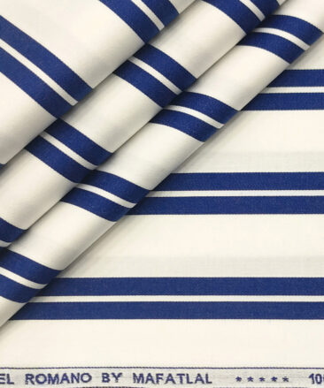 Mafatlal Men's Giza Cotton Striped 2 Meter Unstitched Shirting Fabric (White & Royal Blue)