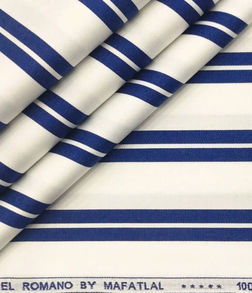 Mafatlal Men's Giza Cotton Striped 2 Meter Unstitched Shirting Fabric (White & Royal Blue)