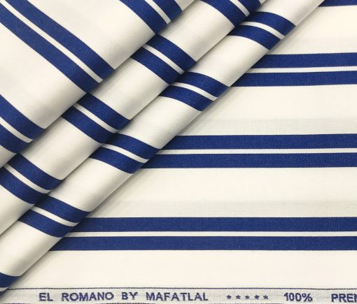 Mafatlal Men's Giza Cotton Striped 2 Meter Unstitched Shirting Fabric (White & Royal Blue)