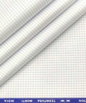 Tessitura Monti Men's Giza Cotton Checks 2 Meter Unstitched Shirting Fabric (White & Blue)