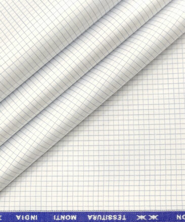 Tessitura Monti Men's Giza Cotton Checks 2 Meter Unstitched Shirting Fabric (White & Blue)