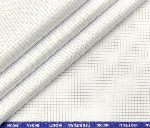 Tessitura Monti Men's Giza Cotton Checks 2 Meter Unstitched Shirting Fabric (White & Blue)