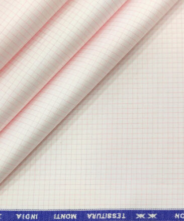 Tessitura Monti Men's Giza Cotton Checks 2 Meter Unstitched Shirting Fabric (White & Pink)