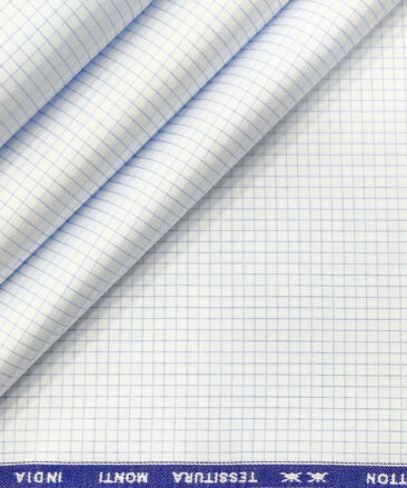 Tessitura Monti Men's Giza Cotton Checks 2 Meter Unstitched Shirting Fabric (Whit & Sky Blue)