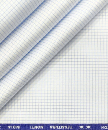 Tessitura Monti Men's Giza Cotton Checks 2 Meter Unstitched Shirting Fabric (Whit & Sky Blue)