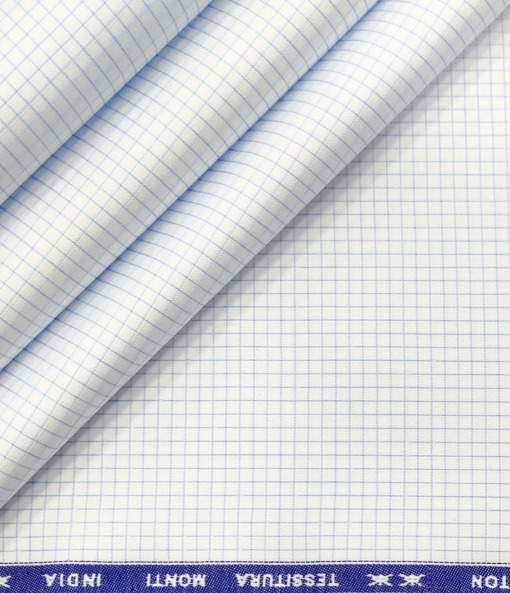 Tessitura Monti Men's Giza Cotton Checks 2 Meter Unstitched Shirting Fabric (Whit & Sky Blue)