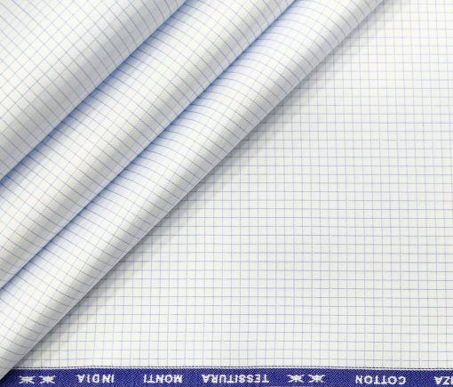 Tessitura Monti Men's Giza Cotton Checks 2 Meter Unstitched Shirting Fabric (Whit & Sky Blue)