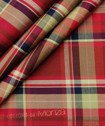 Monza Men's Giza Cotton Checks 2 Meter Unstitched Shirting Fabric (Black & Red)