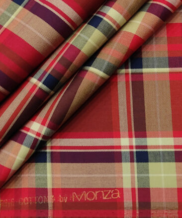 Monza Men's Giza Cotton Checks 2 Meter Unstitched Shirting Fabric (Black & Red)