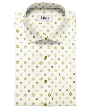 PEE GEE Men's Cotton Printed 2.25 Meter Unstitched Shirting Fabric (Milky White & Yellow)