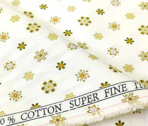 PEE GEE Men's Cotton Printed 2.25 Meter Unstitched Shirting Fabric (Milky White & Yellow)