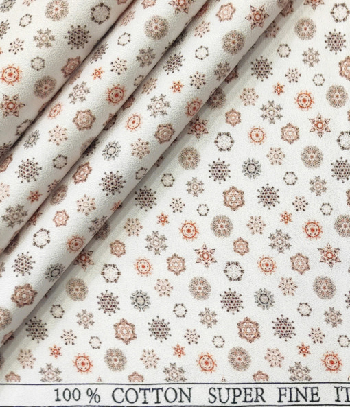 PEE GEE Men's Cotton Printed 2.25 Meter Unstitched Shirting Fabric (White & Orange)