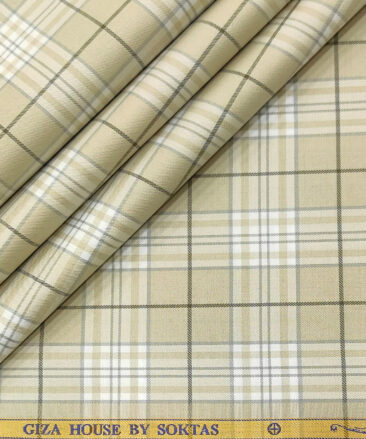 Soktas Men's Giza Cotton Checks 2 Meter Unstitched Shirting Fabric (Beige)