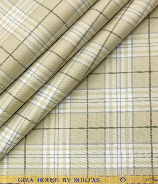 Soktas Men's Giza Cotton Checks 2 Meter Unstitched Shirting Fabric (Beige)