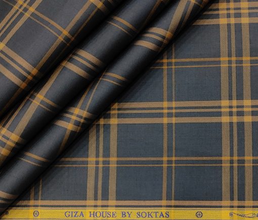 Soktas Men's Giza Cotton Checks 2 Meter Unstitched Shirting Fabric (Dark Navy Blue)