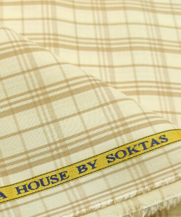 Soktas Men's Cotton Checks 2 Meter Unstitched Shirting Fabric (Cream & Brown)