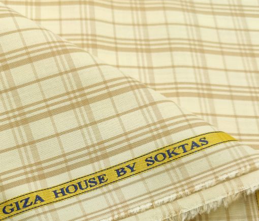 Soktas Men's Cotton Checks 2 Meter Unstitched Shirting Fabric (Cream & Brown)