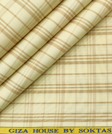 Soktas Men's Cotton Checks 2 Meter Unstitched Shirting Fabric (Cream & Brown)