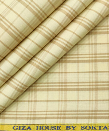 Soktas Men's Cotton Checks 2 Meter Unstitched Shirting Fabric (Cream & Brown)