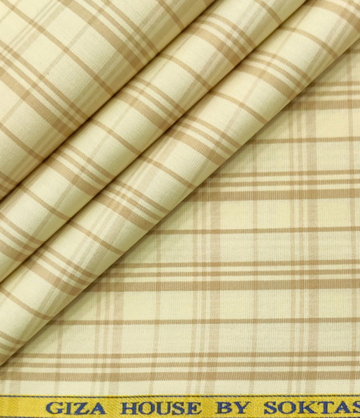 Soktas Men's Cotton Checks 2 Meter Unstitched Shirting Fabric (Cream & Brown)