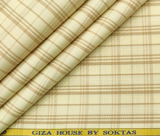 Soktas Men's Cotton Checks 2 Meter Unstitched Shirting Fabric (Cream & Brown)