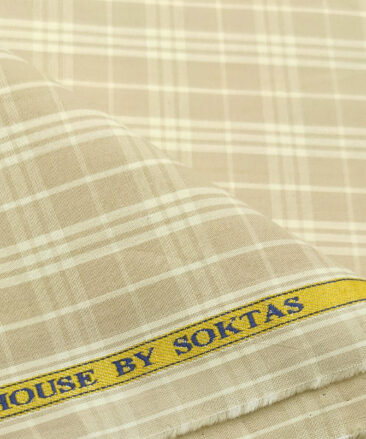 Soktas Men's Cotton Checks 2 Meter Unstitched Shirting Fabric (Oat Beige)