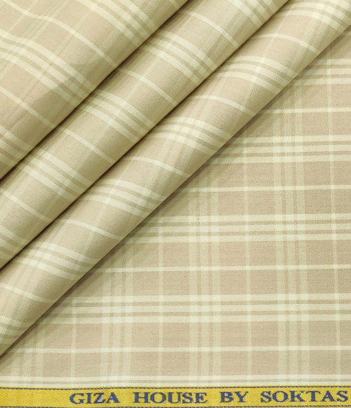 Soktas Men's Cotton Checks 2 Meter Unstitched Shirting Fabric (Oat Beige)