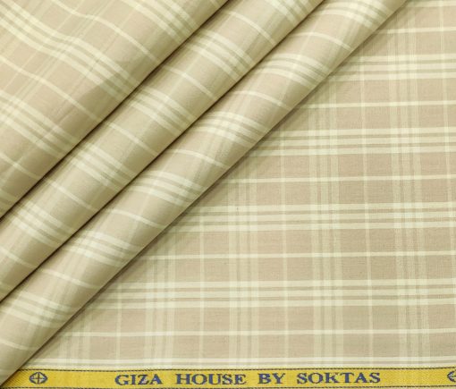 Soktas Men's Cotton Checks 2 Meter Unstitched Shirting Fabric (Oat Beige)