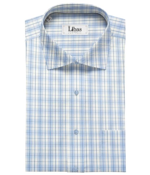 Soktas Men's Cotton Checks 2 Meter Unstitched Shirting Fabric (White & Blue)